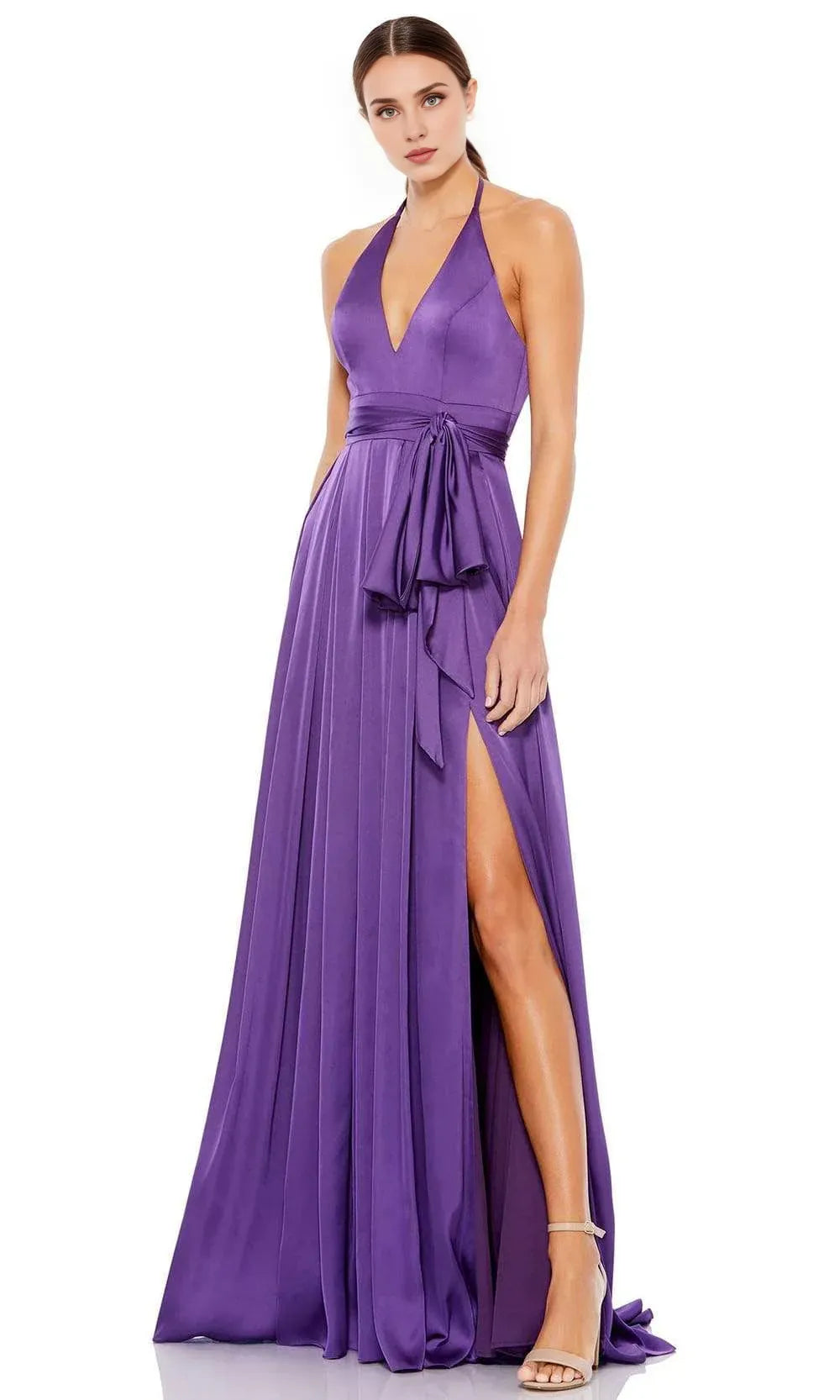 Formal Women's Dresses/ A-Line Halter V-Neckline Sleeveless High Slit Prom Dress/ Prom Dress In Store